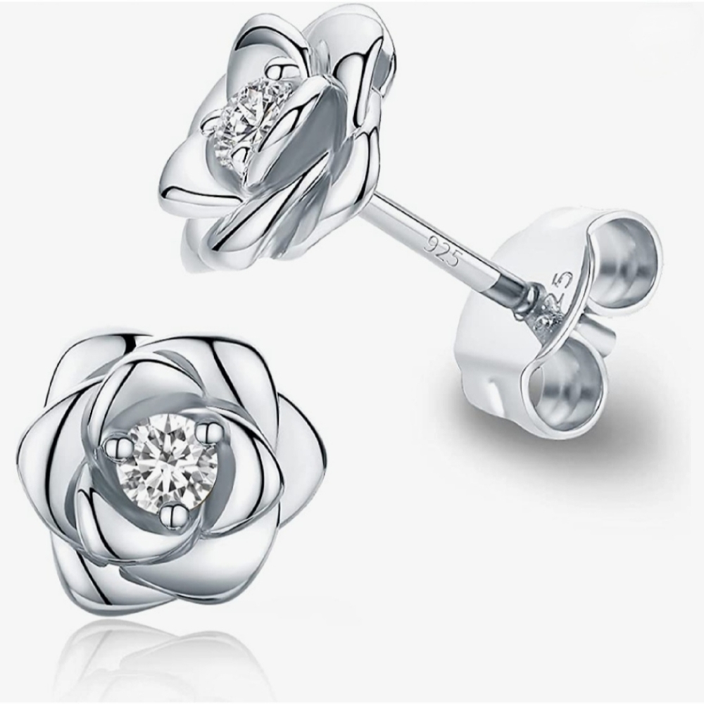 White Gold-Plated Sterling Silver Rose Flower Earrings. Hypoallergenic